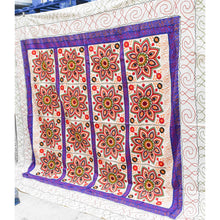 Load image into Gallery viewer, Crewel work panels on a white linen/ cotton background. Patterned border. Double bed size. Not lined. £100
