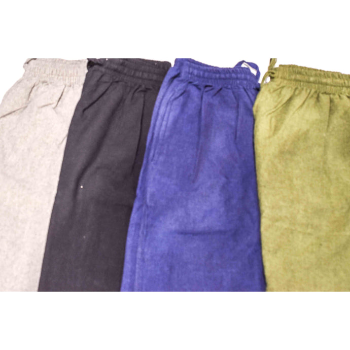 Straight legged cotton trousers Available in Black, grey, green and blue.  Small 60cm to 76cm waist. length 96cm  Medium 64cm to 84cm waist. Length 100cm  Large 66cm to 96cm waist. Length 100cm  Made in Nepal